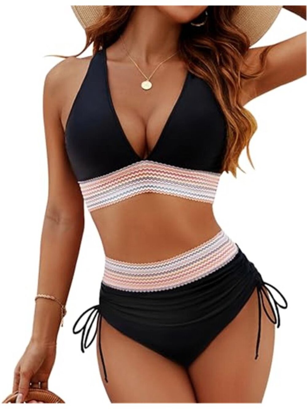High Waisted Bikini Set Tummy Control Color Block Push Up Swimsuit Black NWT